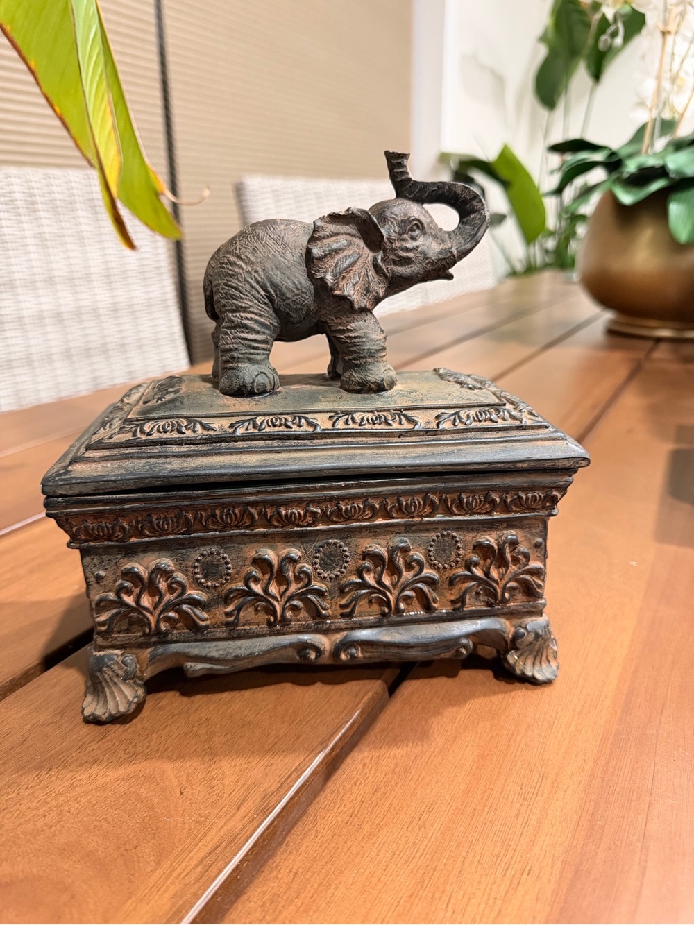 Vintage Ornate Bronze-Tone Elephant Jewelry -trinket box